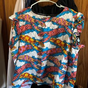 Nooworks 100% Linen Lobster Dream Ruffle Blouse 2XL EUC Ethical Clothing Cotton